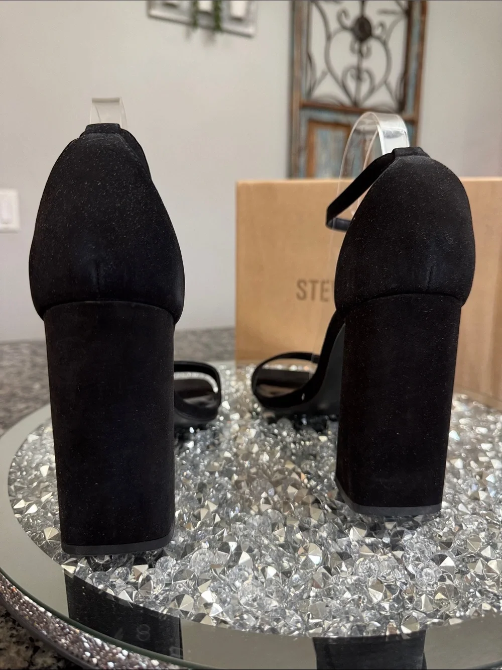 Steve Madden Black Suede leather Chunky Block Heel Sandals NEW 10